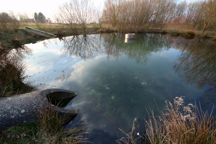 Was wie ein Teich aussieht ist eigentlich ein Klärbecken, in dem Feststoffe wie die weißen Flecken im und vor dem Betonrohr auf den Boden sinken sollen, bevor das Wasser durch das Edelstahlrohr in der Mitte in das Regenrückhaltebecken dahinter abgeleitet wird. Foto: Thomas Dohna