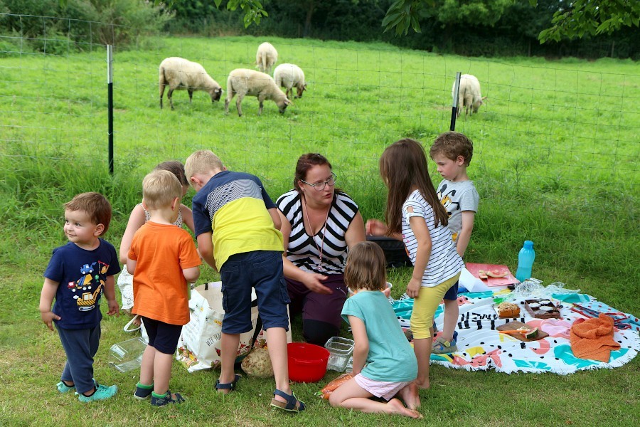 Schäferin Marlen Tilleke verteilt an die Kinder des ersten Familienpicknicks auf dem Heimathof Schalen mit Obst und Gemüse für die Schafe. Foto: Thomas Dohna