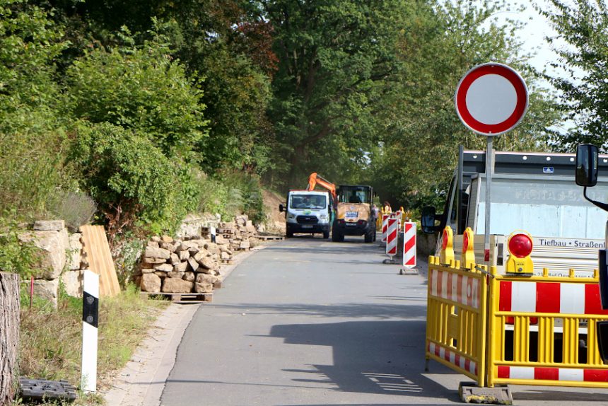 Die Bauarbeiten für die Trockenmauer an der Dorfstraße in Greste ist der Grund für die Sperrung der Straße. Ihre Steine sind auf Paletten gestapelt. Foto: Thomas Dohna