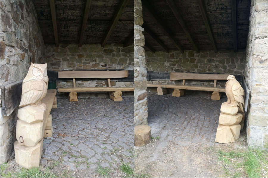 Die beiden Holzskulpturen Eule und Adler an der Waldhütte Mörth im Schwalenberger Wald sind entwendet worden. Foto: Landesverband Lippe