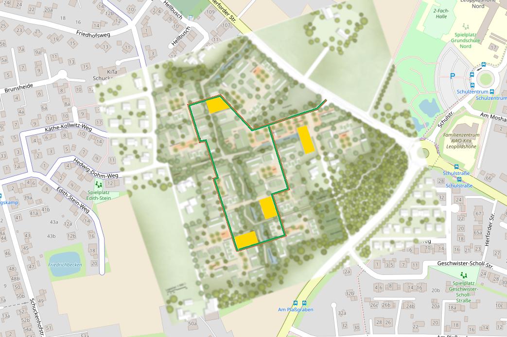 Statt Tiefgaragen könnte es im neuen Baugebiet Brunsheide sogenannte Quartiersgaragen geben. In der Grafik sind sie schmatisch als gelbe Fläche dargestellt. Die grüne Linie zeigt die Rundtour, die die Müllabfuhr durch das Wohngebiet nehmen könnte. Grafik: Thomas Dohna