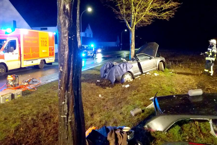 Aus ungeklärter Ursache ist eine junge Frau mit ihrem Auto von der Straße abgekommen und gegen einen Baum geprallt. Foto: Freiwillige Feuerwehr Leopoldshöhe