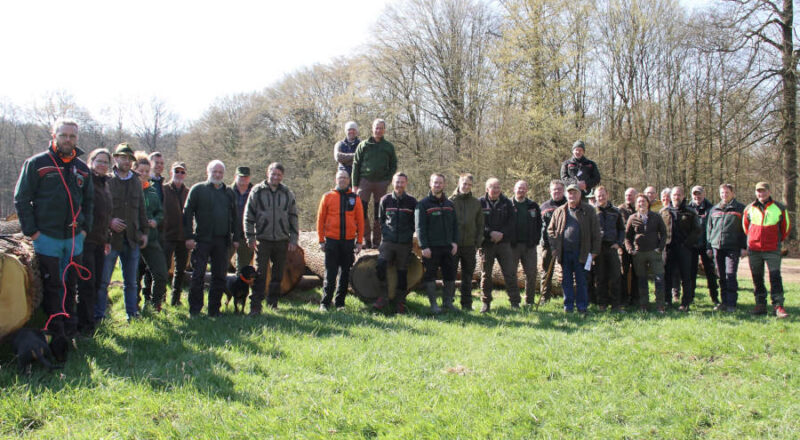 Die Anbieter der diesjährigen Wertholzsubmission, die von der Forstabteilung des Landesverbandes Lippe organisiert wurde, kamen zum Abschluss noch mal gemeinsam auf dem Holzlagerplatz in Schieder zusammen. Foto: LVL