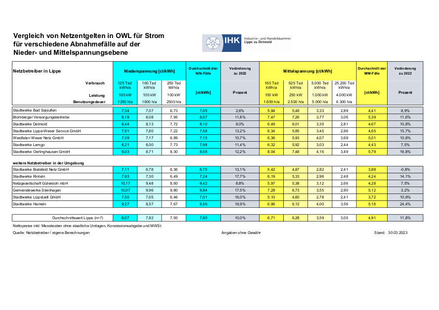 Die Tabelle zeigt die Netzentgelte in Cent/kWh für verschiedene Abnahmefälle von Unternehmen in den einzelnen Verteilnetzgebieten.