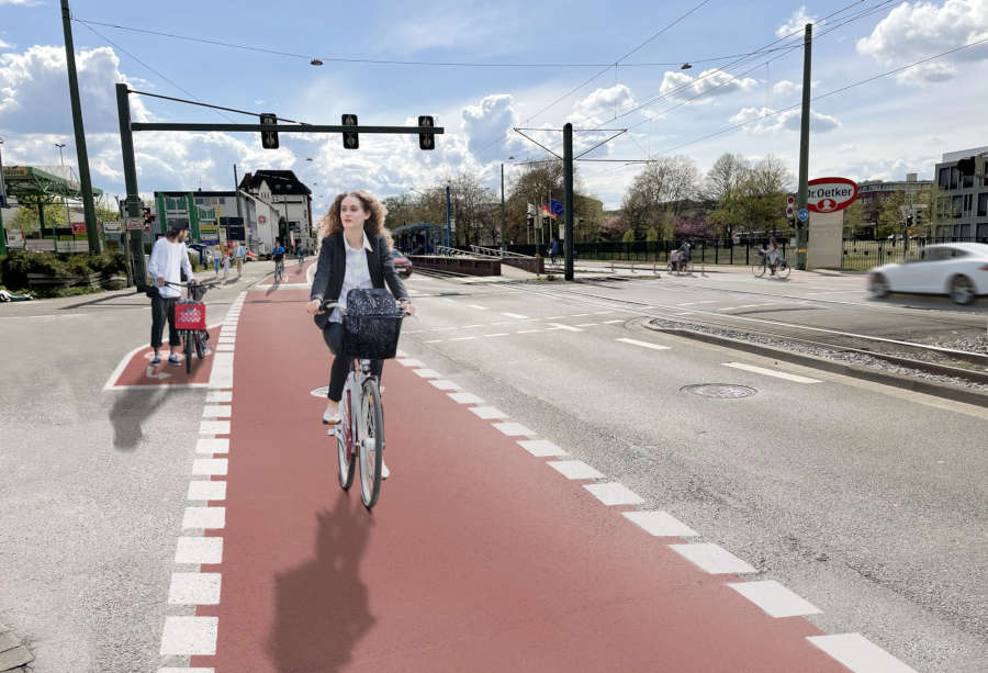 Visualisierung der Bikelane auf der Artur-Ladebeck-Straße auf Höhe der Kreuzung Quellenhofweg/Friedrich-List-Straße (Blickrichtung Brackwede). Foto: Stadt Bielefeld