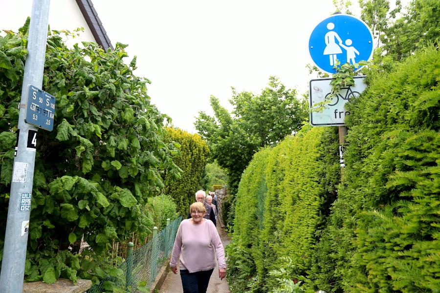 Der Rotdornweg ist innerhalb der Bebauung so schmal, das die Teilnehmer am Dorfgespräch hintereinander gehen müssen. Foto: Thomas Dohna