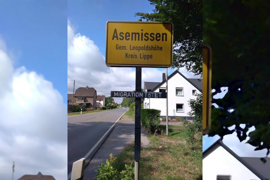 Am Ortseingangsschild zum Ortsteil Asemissen hing dieses Holzkreuz. Seit einigen Jahren betreiben Rechtsextermisten mit diesen Kreuzen Propaganda auf den Schultern von Opfern von Gewalttaten. Foto: Privat