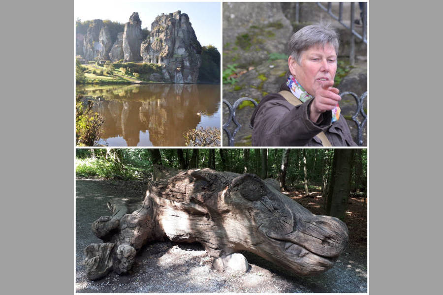 Märchenerzählerin Maria an den Externsteinen. Fotos/Collage: LVL