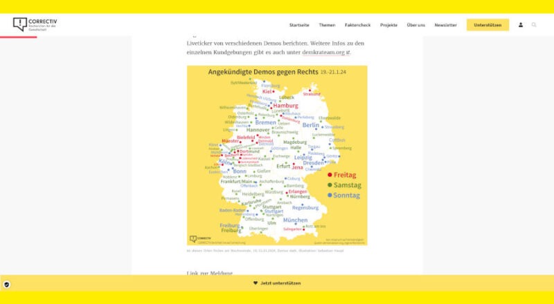 Screenshot der Demonstationsorte gegen die AfD von der Seite des Redaktionsbüros Correktiv. Foto: Thomas Dohna