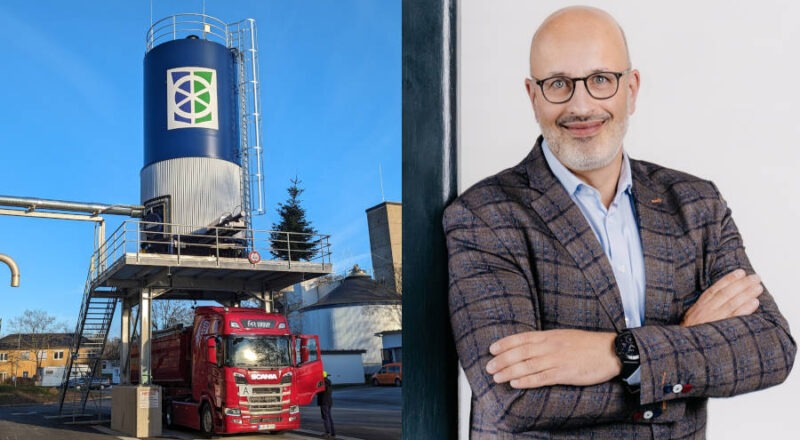 Verladung von Klärschlamm aus dem Hochsilo (links) und der Geschäftsführer der KSV OWL Lars Helmer. Fotos: KSV OWL/Andre Schebaum