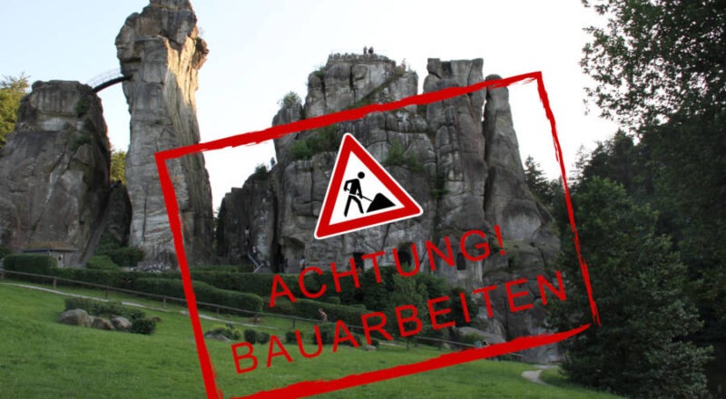 Bis Ende nächster Woche werden Arbeiten am Vorplatz der Externsteine und am Wegenetz rund um das Naturdenkmal durchgeführt. Fotocollage: Landesverband Lippe