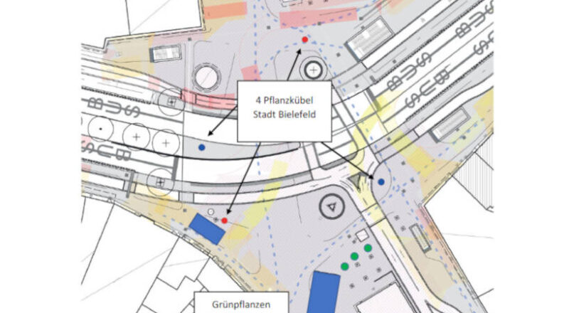 Standorte der mobilen Bepflanzung des Jahnplatzes. Karte: Stadt Bielefeld