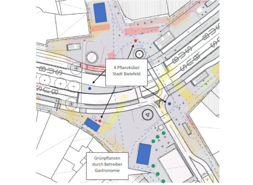 Standorte der mobilen Bepflanzung des Jahnplatzes. Karte: Stadt Bielefeld