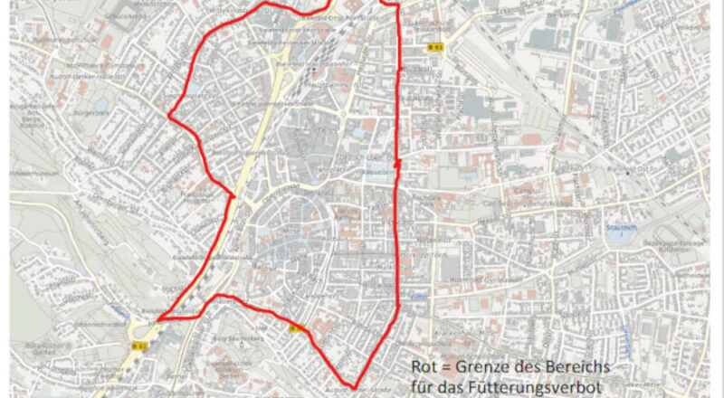 Die rote Linie markiert den Bereich des Fütterungsverbotes in Bielefeld. Karte: Stadt Bielefeld