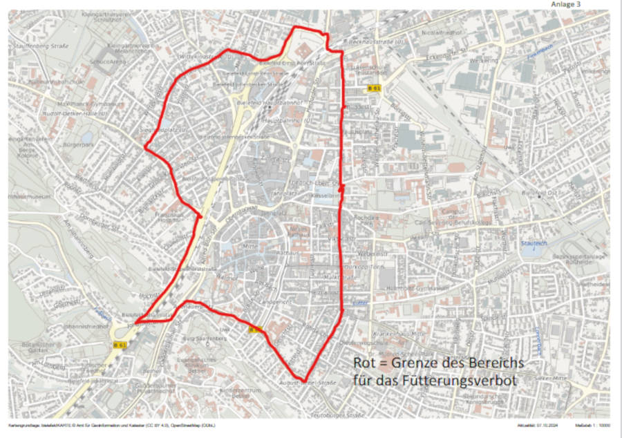 Die rote Linie markiert den Bereich des Fütterungsverbotes in Bielefeld. Karte: Stadt Bielefeld