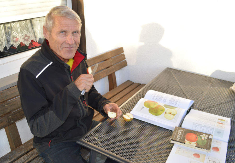 Pomologe Anton Klaus beim Geschmackstest zur Bestimmung einer Apfelsorte. Foto BUND Lemgo
