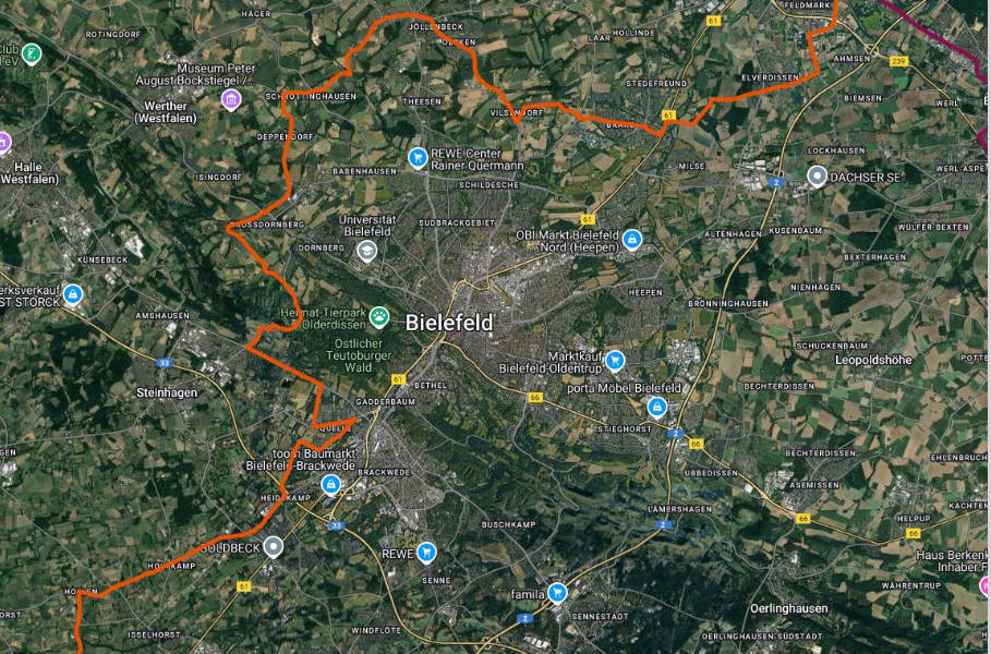 Verlauf der Rennstrecke durch Bielefeld. Grafik: Stadt Bielefeld