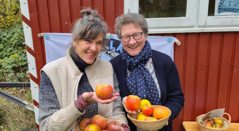 Vanessa Kowarsch (Biologische Station Lippe, links) und Dr. A. Heinrike Heil (Stiftung Standortsicherung) auf der Streuobstwiese an der Jugendherberge Detmold, wo alte Sorten wie der Tannenkrüger und die Reinette de France wachsen. Foto: Christina-Carolin Rempe/ Stiftung Standortsicherung