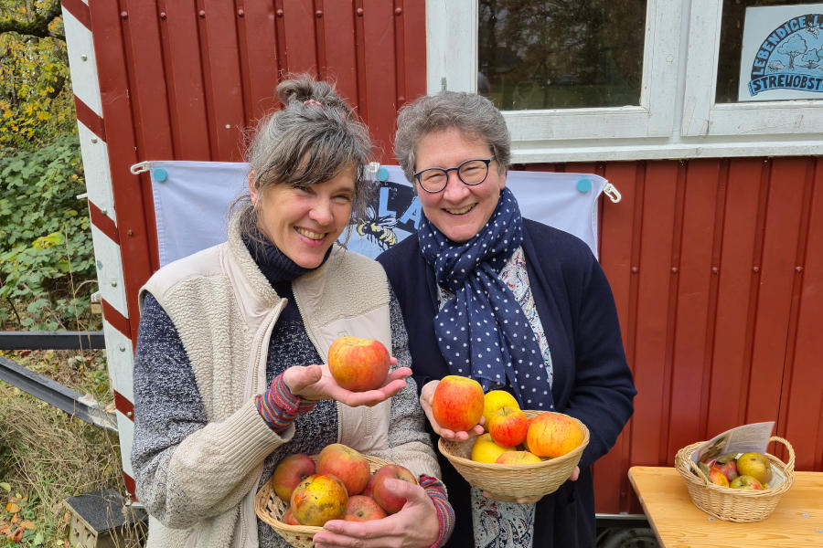 Vanessa Kowarsch (Biologische Station Lippe, links) und Dr. A. Heinrike Heil (Stiftung Standortsicherung) auf der Streuobstwiese an der Jugendherberge Detmold, wo alte Sorten wie der Tannenkrüger und die Reinette de France wachsen. Foto: Christina-Carolin Rempe/ Stiftung Standortsicherung