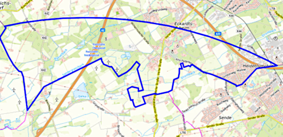 Der Kartenausschnitt zeigt ausschließlich den Bereich der Überwachungszone auf Bielefelder Stadtgebiet, der Ausbruchsbetrieb liegt südlich davon. Grafik: Stadt Bielefeld