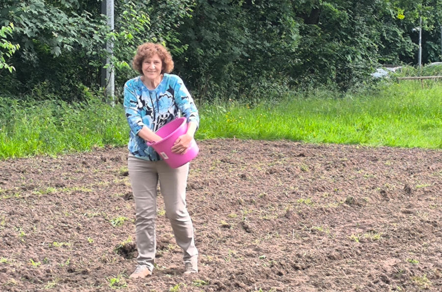 Petra Gehle bringt das Saatgut aus.