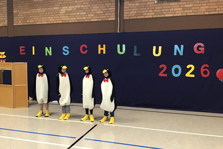 Die Pinguine aus Madagaskar waren zu Gast bei der Einschulungsfeier in der Grundschule Asemissen. Foto: Privat
