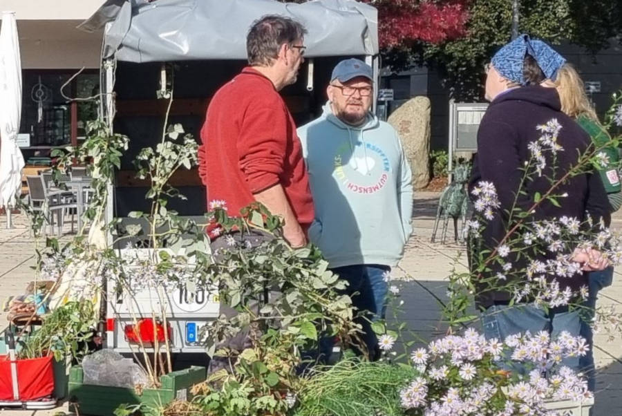 Fachgespräche bei der Pflanzenbörse auf dem Marktplatz. Foto: Privat